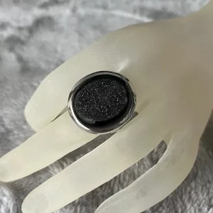 Bague Agate Noire drusy Réglable - Argent 925
